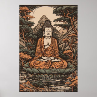 Vintage Japanese Linocut Print Meditating Buddha