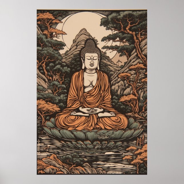 Vintage Japanese Linocut Print Meditating Buddha (Front)