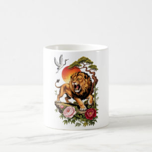 Vintage Japanese lion Graphic Tee, Floral Asian Ar Coffee Mug