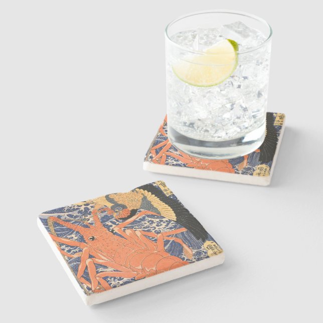 Vintage Japanese Lobster and Bird Stone Coaster (Side)