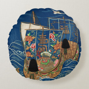 Vintage Japanese Lucky Treasure Ship G.A. Audsley Round Cushion