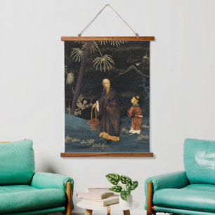Vintage Japanese Monk and Child G.A. Audsley Hanging Tapestry