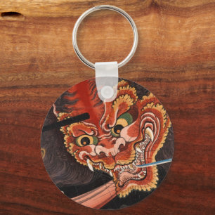 Vintage Japanese Oni King vs. Samurai Woodblock Key Ring