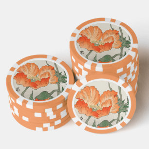 Vintage Japanese Orange Poppy Flower, Ohara Koson  Poker Chips