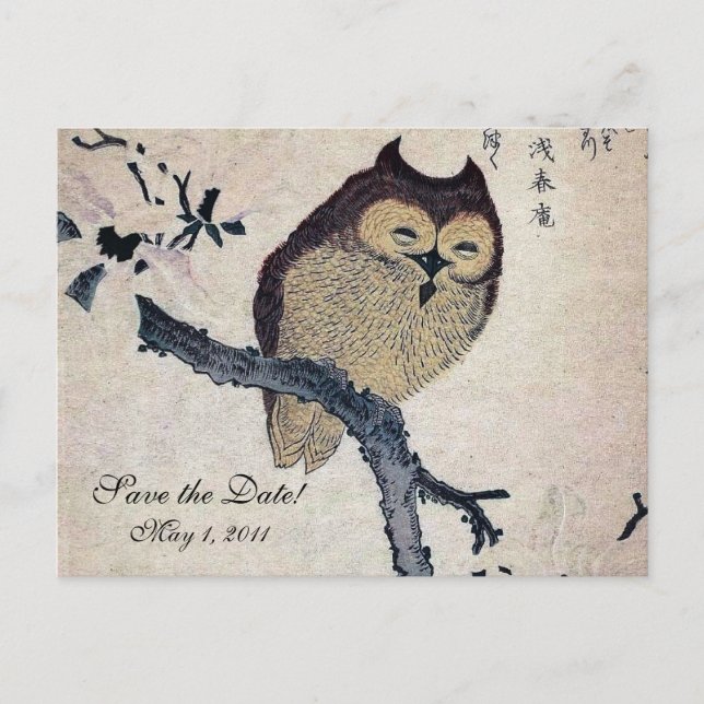 Vintage Japanese Owl Save the Date Announcement Postcard (Front)