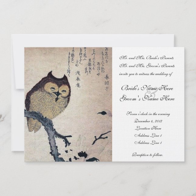Vintage Japanese Owl Wedding Invitation (Front)