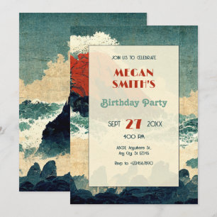 Vintage Japanese paint wave mountain Invitation