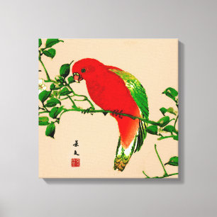 Vintage Japanese Painting of a Parrot, Red & Green Canvas Print