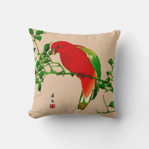 Vintage Japanese Painting of a Parrot, Red & Green Cushion