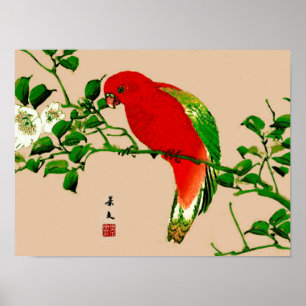 Vintage Japanese Painting of a Parrot, Red & Green Poster
