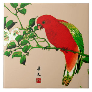 Vintage Japanese Painting of a Parrot, Red & Green Tile
