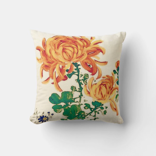 Vintage Japanese Painting of Chrysanthemums Cushion (Front)