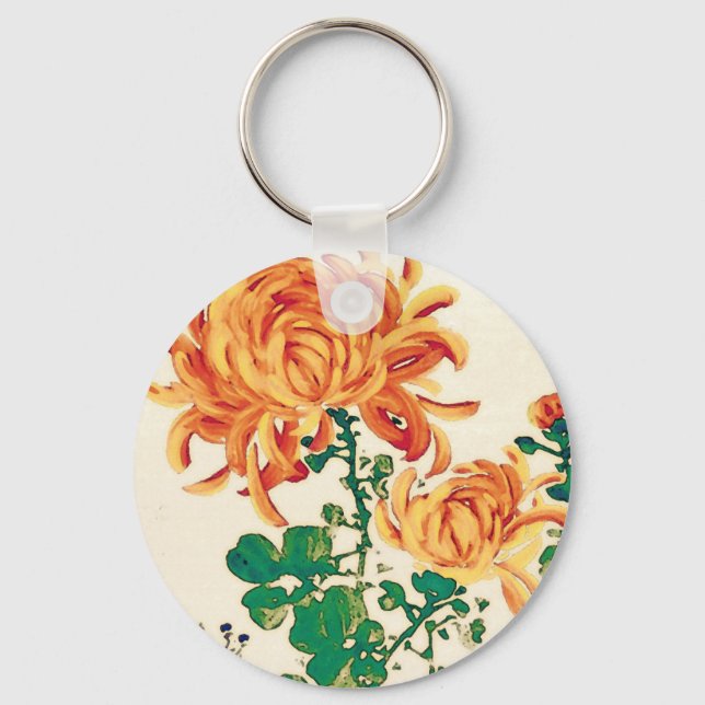 Vintage Japanese Painting of Chrysanthemums Key Ring (Front)