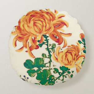 Vintage Japanese Painting of Chrysanthemums Round Cushion