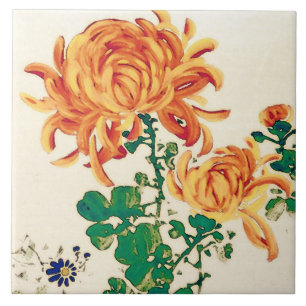 Vintage Japanese Painting of Chrysanthemums Tile