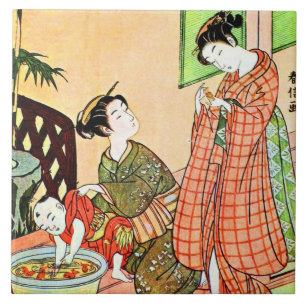 Vintage Japanese Painting of Two Woman Talking Tile