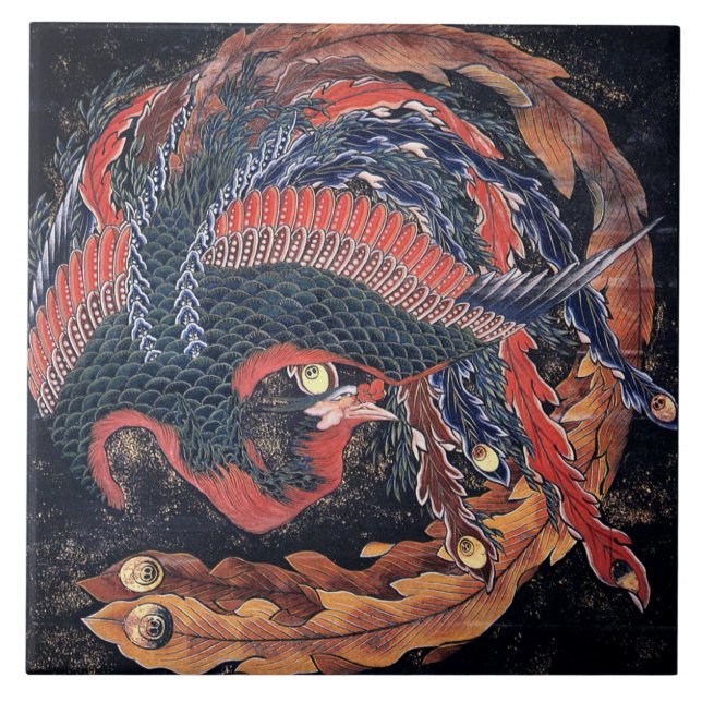 Vintage Japanese Phoenix by Hokusai Ceramic Tile (Front)
