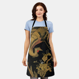 Vintage Japanese Phoenix Gold Black Bird Apron