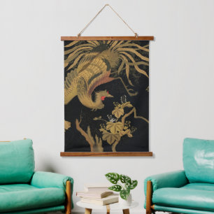 Vintage Japanese Phoenix Gold Black Bird Hanging Tapestry
