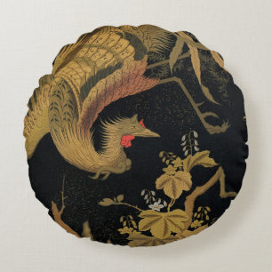 Vintage Japanese Phoenix Gold Black Bird Round Cushion