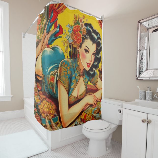 Vintage Japanese Pin Up Shower Curtain (In Situ)