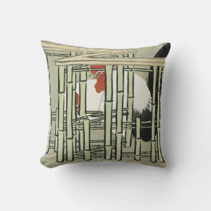 Vintage Japanese Rooster Behind Bamboo Fence Art Cushion