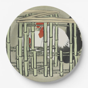 Vintage Japanese Rooster Behind Bamboo Fence Art Paper Plate