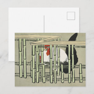 Vintage Japanese Rooster Behind Bamboo Fence Art Postcard