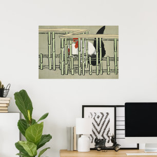 Vintage Japanese Rooster Behind Bamboo Fence Art Poster