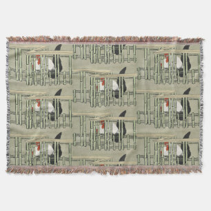 Vintage Japanese Rooster Behind Bamboo Fence Art Throw Blanket