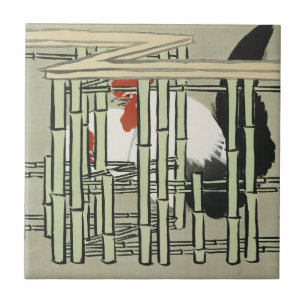 Vintage Japanese Rooster Behind Bamboo Fence Art Tile