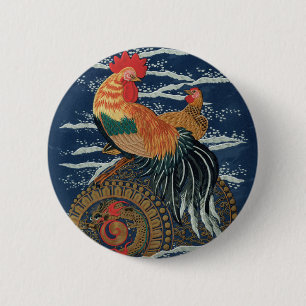 Vintage Japanese Rooster Hen Dragon Art 6 Cm Round Badge
