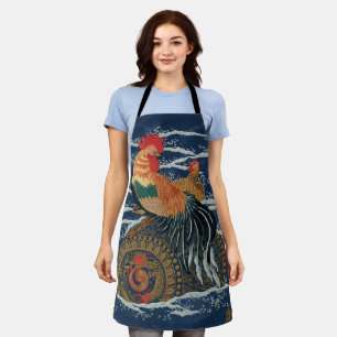 Vintage Japanese Rooster Hen Dragon Art Apron