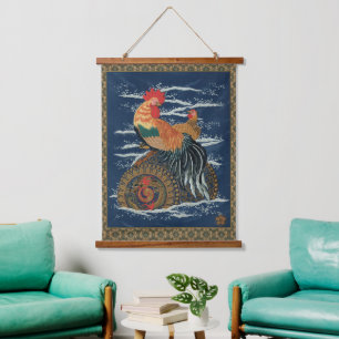 Vintage Japanese Rooster Hen Dragon Art Hanging Tapestry