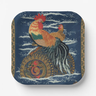 Vintage Japanese Rooster Hen Dragon Art Paper Plate