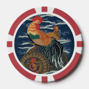Vintage Japanese Rooster Hen Dragon Art Poker Chips