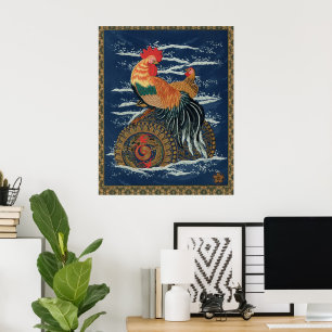 Vintage Japanese Rooster Hen Dragon Art Poster