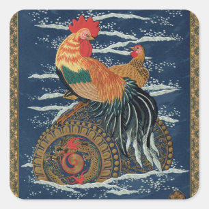 Vintage Japanese Rooster Hen Dragon Art Square Sticker