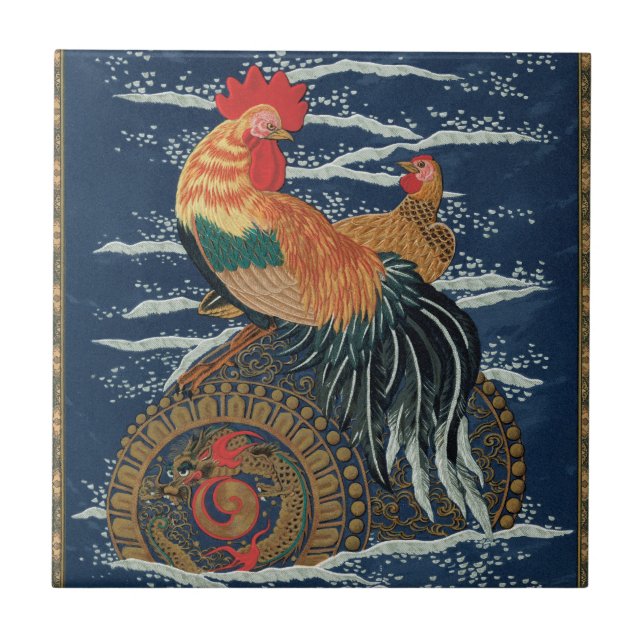Vintage Japanese Rooster Hen Dragon Art Tile (Front)