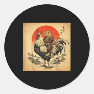 Vintage Japanese Samurai Capybara Rooster Chicken Classic Round Sticker