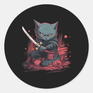 Vintage Japanese Samurai Ninja Cat Tattoo Kawaii  Classic Round Sticker