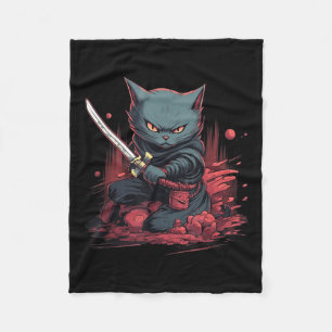 Vintage Japanese Samurai Ninja Cat Tattoo Kawaii Fleece Blanket