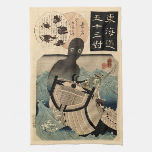 Vintage Japanese Sea Monster 海坊主, 国芳 Tea Towel