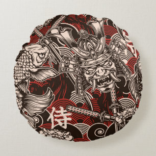 Vintage japanese seamless pattern with katana swor round cushion