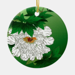 Vintage Japanese Sketch of Large White Peony Ceramic Tree Decoration