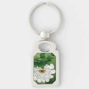 Vintage Japanese Sketch of Large White Peony Key Ring