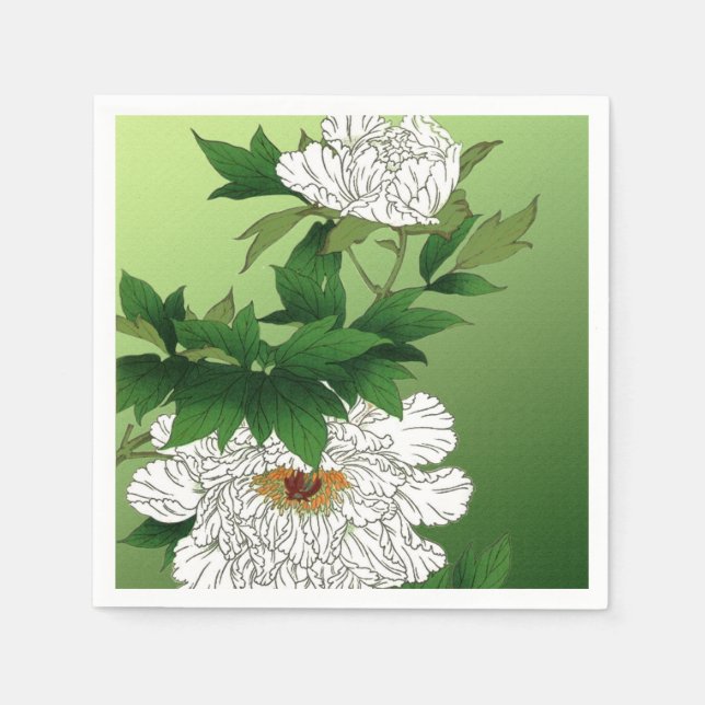 Vintage Japanese Sketch of Large White Peony Napkin (Front)