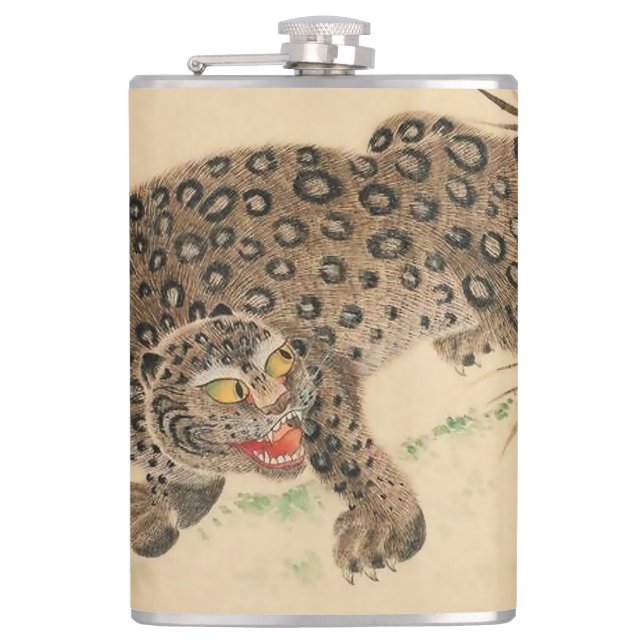 Vintage Japanese Spotted Leopard Scroll Hip Flask (Front)