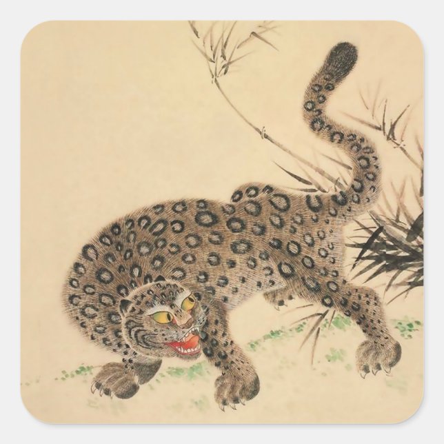 Vintage Japanese Spotted Leopard Scroll Square Sticker (Front)