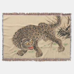Vintage Japanese Spotted Leopard Scroll Throw Blanket